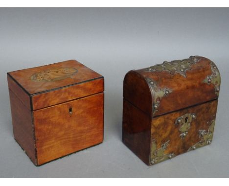 A George III conch shell inlaid satinwood cube tea caddy, 11cm wide x 12cm high, together with a Victorian brass mounted waln