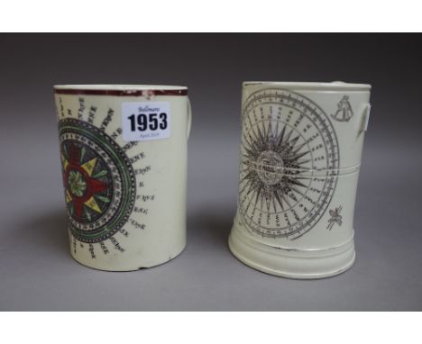 A creamware masonic compass mug, circa 1800 ,printed in black with masonic symbols around a compass, 12cm. high; also another
