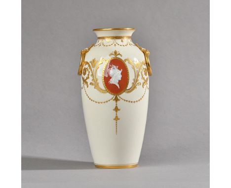 A Mintons pâte-sur-pâte vase by Alboine Birks, early 20th century, of ovoid form set with moulded acanthus and gilt ring hand