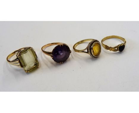 A gold ring, claw set with a cut cornered rectangular step cut, pale green quartz, a gold ring, collet set with an oval cut c