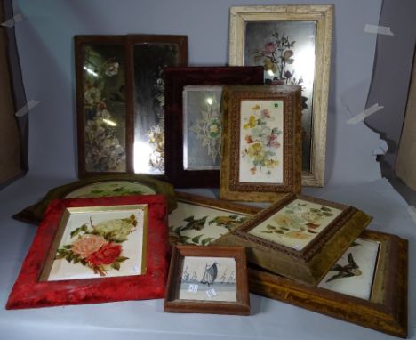 A pair of early 20th century rectangular ceramic tiles painted with flowers within a felt and giltwood frame, 26cm wide x 40c
