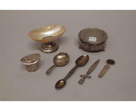 Silver and silver mounted wares, comprising; a Victorian double ended medicine spoon, London 1865, a tea caddy spoon, with en