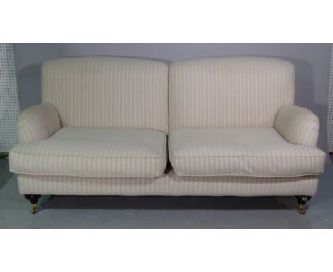 Sofas &amp; Stuff; a 20th century hardwood framed two seat humpback sofa with grey stripped upholstery on turned supports, 20