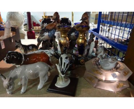 Ceramics, including; two large Rosenthal figures of jay birds, 28cm high, a Beswick figure of a Newfoundland, Lladro figures,