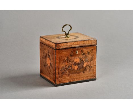 A George III Kingwood banded mahogany and marquetry inlaid cube tea caddy, 12cm wide x 12cm high. Illustrated. 
