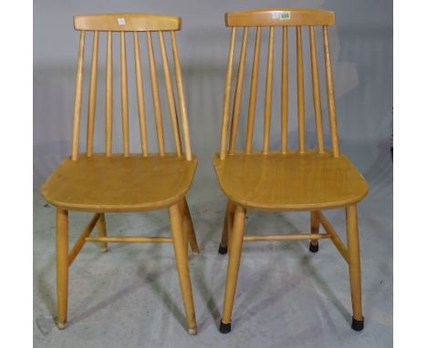 A set of four beech Ercol style stick back dining chairs, 41cm wide x 82cm high, (4). 