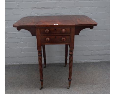 A George III rosewood banded mahogany drop flap work table on spiral fluted supports, 51cm wide x 73cm high. 