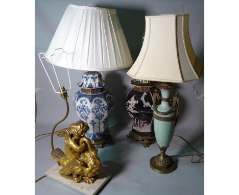 Lighting, comprising; two 20th century Asian table lamps, with gilt metal mounts, 65cm high, a 20th century George III table 