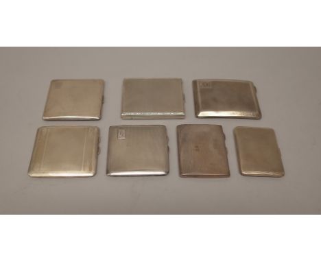Silver, comprising; a rectangular cigarette case, the exterior with engine turned decoration, Birmingham 1946, five further c