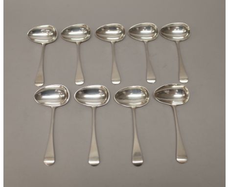 A set of eight silver Old English pattern ladles, London 1905 and a Victorian silver Old English pattern ladle 1891, combined