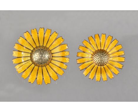 A Georg Jensen silver gilt and yellow enamelled brooch, designed as a flowerhead, detailed A M Sterling Denmark, import mark 