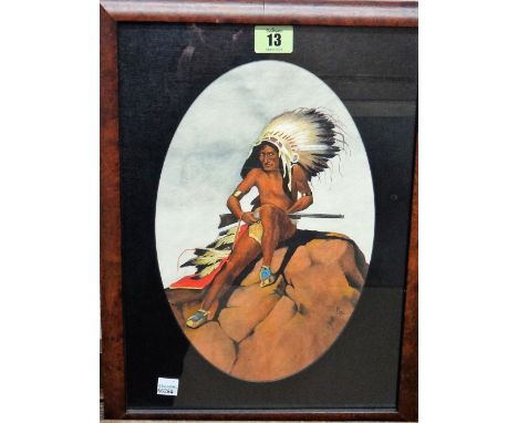 R** M** (20th century), An American Indian Chief, watercolour, indistinctly signed with monogram and dated, oval, 29cm x 19cm