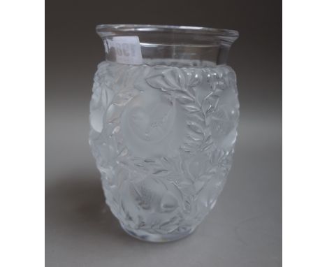 A modern Lalique 'Bagatelle' vase, moulded with birds amongst foliage, etched mark 'Lalique France J865', 17cm high.