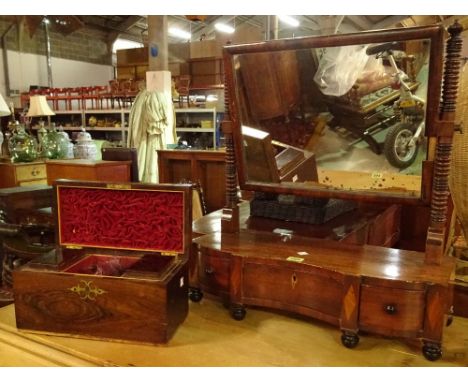 A 19th century mahogany serpentine dressing table mirror with three drawer base, 70cm wide and a 19th century rosewood tea ca