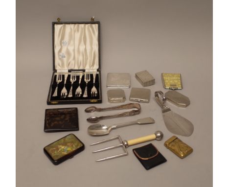 A set of six silver pastry forks, Birmingham 1955, with a case, a plated break fork, a silver cheese scoop, (as fashioned fro