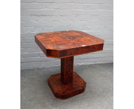 A 20th century bur yew occasional table with canted square top, column and base, 61cm wide x 66cm high. 