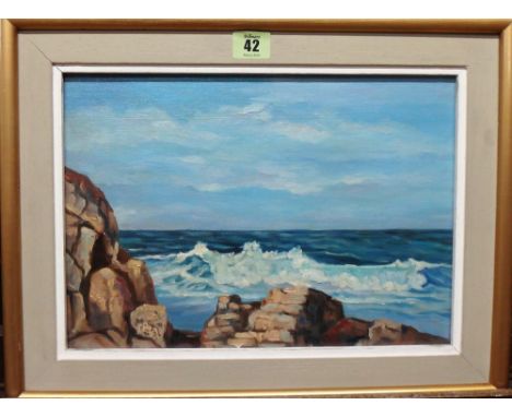 Mary Dadaconstantinou (20th century), Breakers on the coast, oil on canvasboard, 24cm x 33cm; together with a reproduction pr