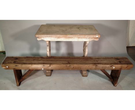 An early 20th century limed oak refectory table, 92cm wide x 76cm high and a 20th century pine bench, 183cm long x 42cm high,
