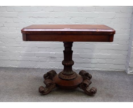 An early Victorian mahogany card table on fluted column and four scroll feet, 90cm wide x 75cm high. 