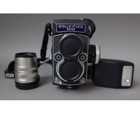 A Rolleiflex 2.8 GX 'Expression' medium format camera, circa. 1995, with a speedlite 200E flash, planar 1:28 80mm lens, No. 8