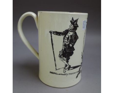 A rare English creamware cylindrical Shakespeare mug, circa 1800, printed with a titled head and shoulders portrait of Willia