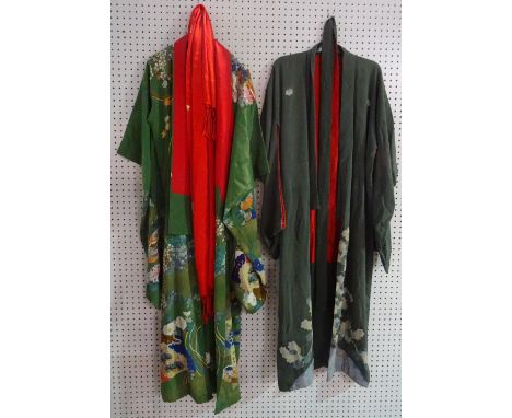 Two Japanese furisode, 20th century, one printed with a fan, an hexagonal tub, flowers and fruiting branches against a green 