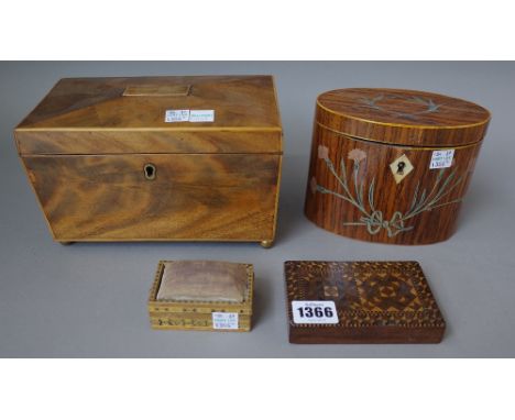 A Tunbridge ware marquetry inlaid desk weight of rectangular form (11cm wide), a Tunbridge ware pin cushion needle case (7cm 