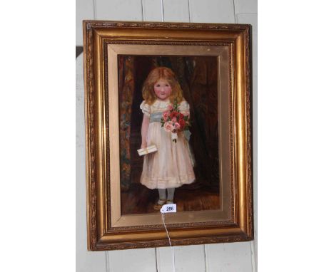 Gilt framed portrait oil of a child holding a posy, 44.5cm by 29cm, monogrammed E.A.G. lower right.
