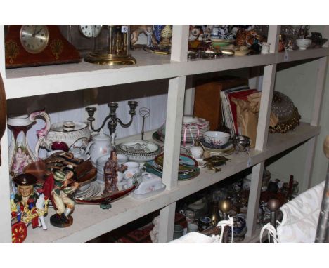 Shelf collection of LP records, ceiling light shade, ceramics, metalwares, glass, collectors plates.