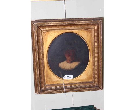 Dutch portrait of a gentleman with hat and ruff, oval oil on panel, in gilt frame.
