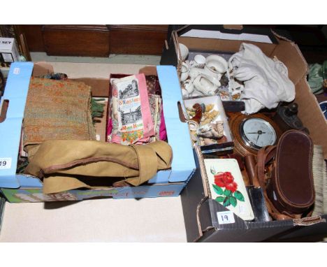 Two boxes containing samplers, Boer War handkerchief, silk York Exhibition 1879 bookmark, photograph glass slides, crested ch