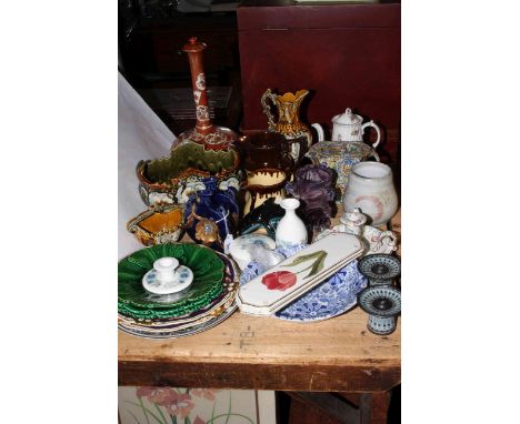 Collection of ceramics including Japanese bottle vase, antique Derby plates, lustre wares, Denby, Wedgwood, Poole, etc.