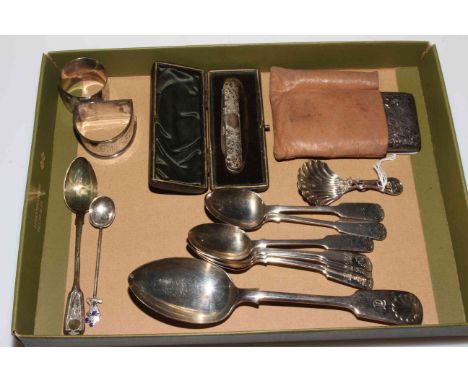 Collection of silver items including flatware, cased engraved folding knife, caddy spoon, etc.