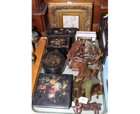 Black lacquered and mother of pearl tea caddy and three similar boxes, gilt framed cherub plaque, stirrups, antique keys, Sal