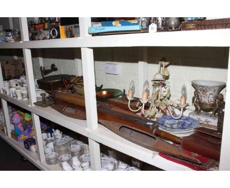 Shelf collection of commemorative wares, gramophone, Carnival glass, tureen, metal wares, grooming kit, Black and Decker circ