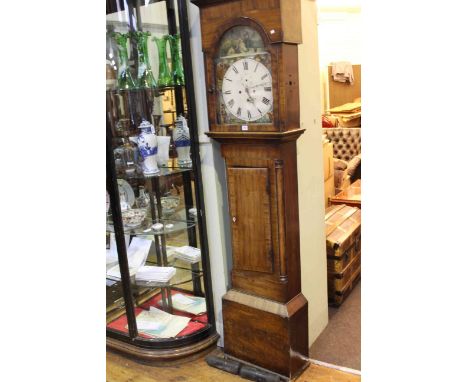 Antique mahogany eight day longcase clock having painted arched dial.