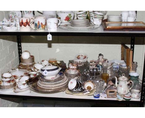 Shelf assortment of Royal Albert Old Country Roses, glass, cased cutlery, Mason's, metalwares, knives, etc.