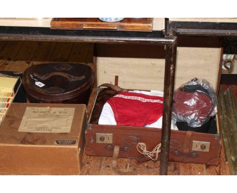 Leather cased top hat, boxed top hat, bowler hat, vintage clothing, etc.