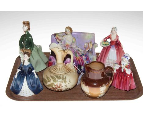 Royal Worcester ivory ground jug, Doulton Lambeth Stoneware jug and five Royal Doulton figures including Sweet &amp; Twenty, 