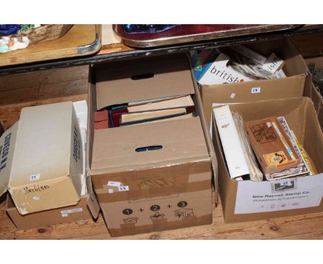 Five boxes of stamps, first day covers, empty albums, postal history, etc.