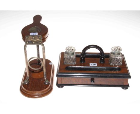 Walnut twin bottle desk stand and a vintage oak juicer.