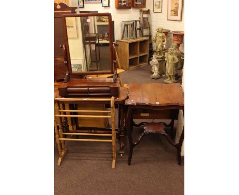 Victorian mahogany two drawer toilet mirror, Victorian side table, shaped top occasional table, five bar towel stand and lugg