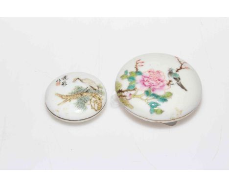 Two Chinese Republic porcelain seal paste boxes decorated with birds and foliage, four character iron red marks to base.