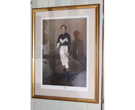 Gilt framed portrait print of Lester Piggott, signed and numbered 521/855 in pencil in the margin, 94cm by 71.5cm overall.