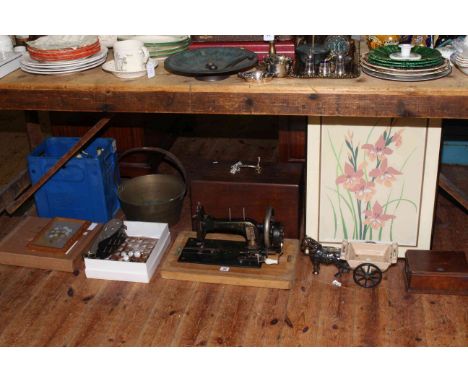 Vintage Singer sewing machine, brass jam pan, soda siphons, prints, thimbles, horse and cart, wooden box.