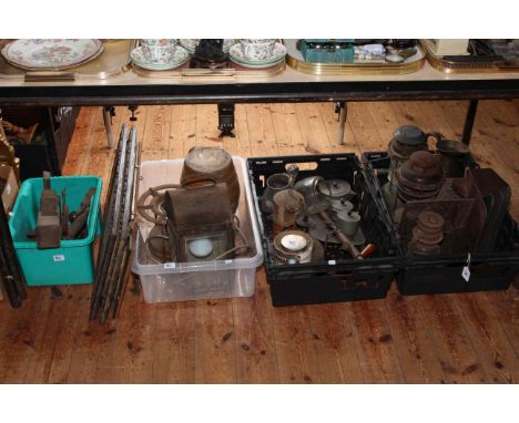 Four boxes of assorted lamps, metalware, joinery tools, pictures, vintage camping stoves, etc.