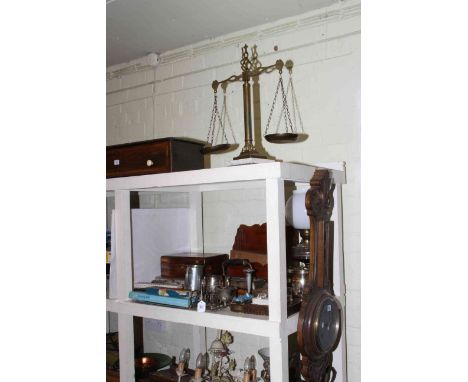 Music box case, oil lamp, biscuit jar, iron, wooden box, cutlery, scales, metalwares.