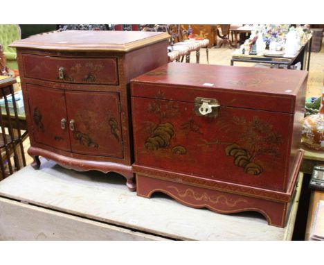 Small Oriental style serpentine front two door cabinet and similar trunk.