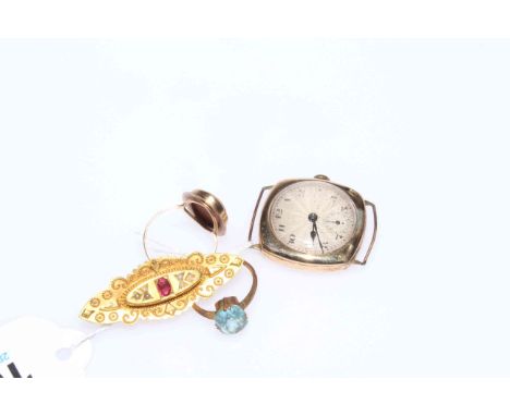 Victorian 9 carat gold ruby and seed pearl set brooch, 9 carat gold watch and two gold rings (4).
