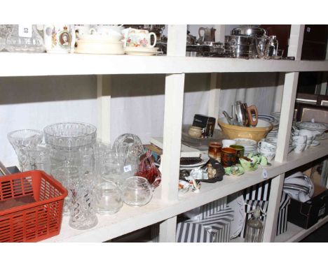 Large shelf collection of cut glass, thimbles, boxed cutlery, Caithness, Snowhite Johnson Bros dinner service, Wedgwood, Carl